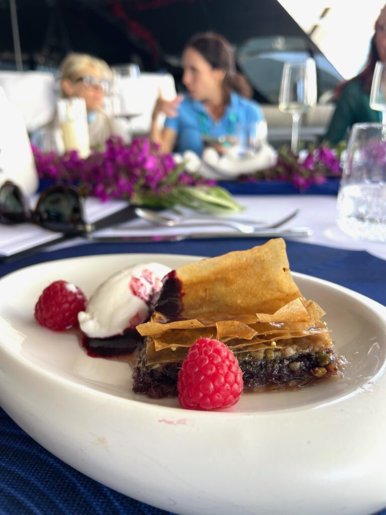 Baklava with ice cream and raspberries