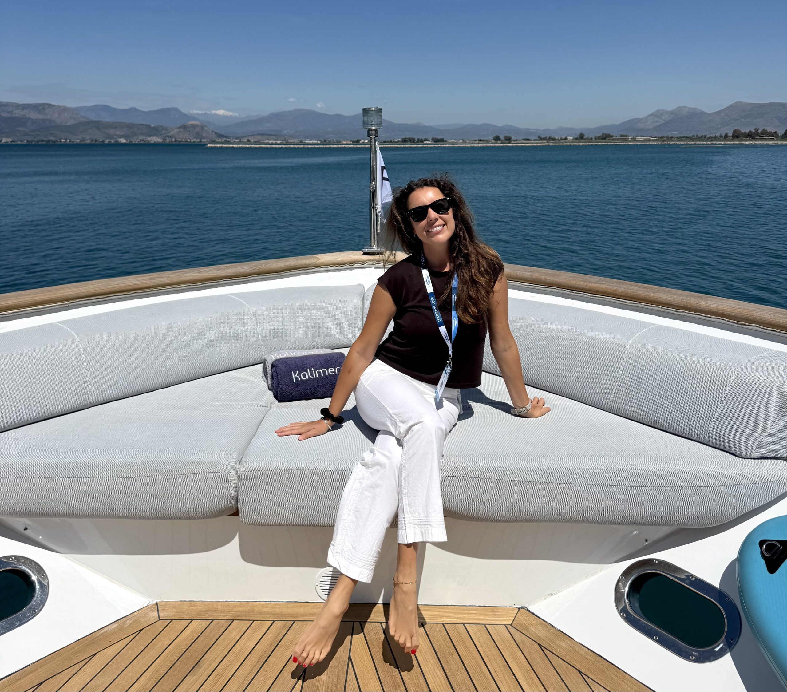 Alex on the bow seating of KALIMERA at the Mediterranean Yacht Show